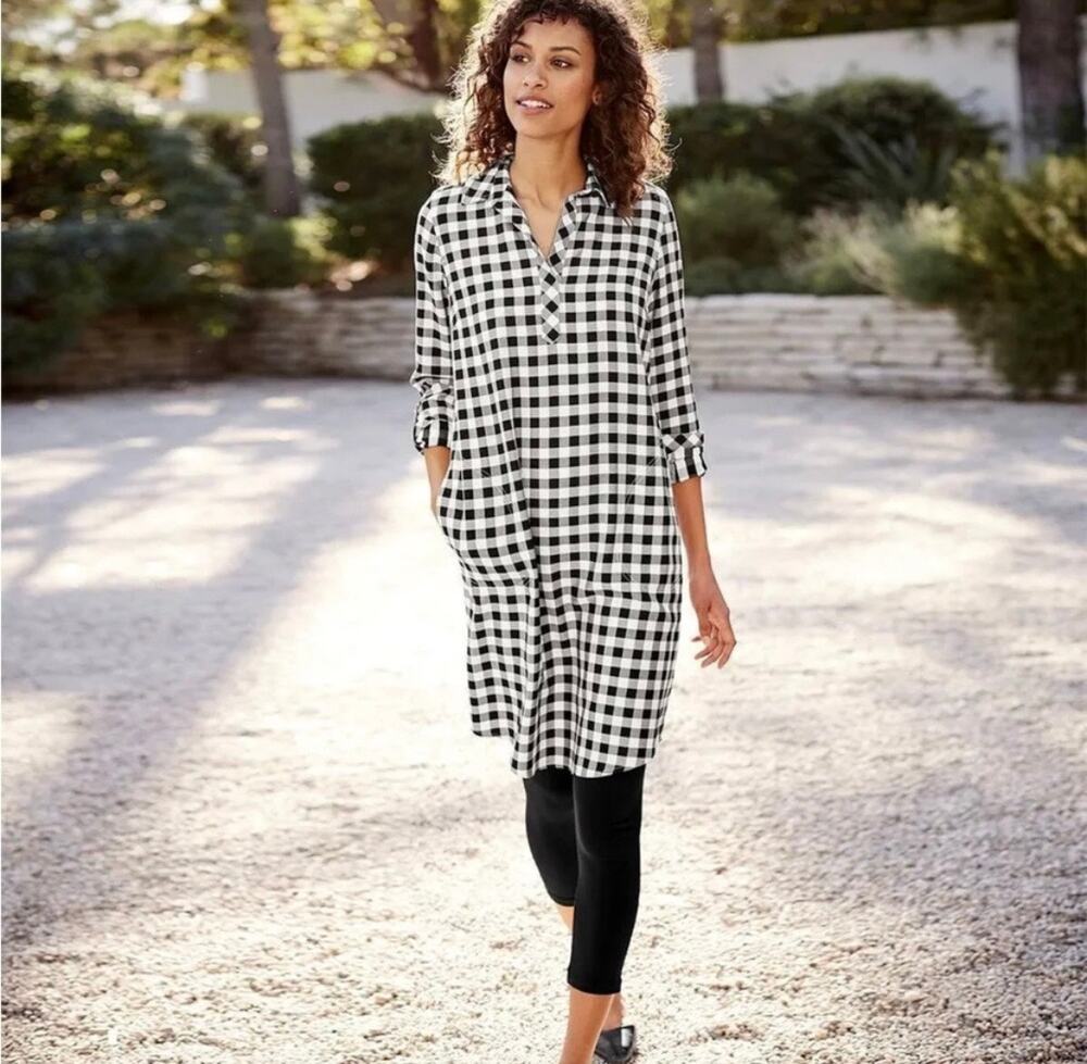 J Jill Gingham Tunic Shirt Dress Roll Tab Sleeves Pockets Size Medium Black
